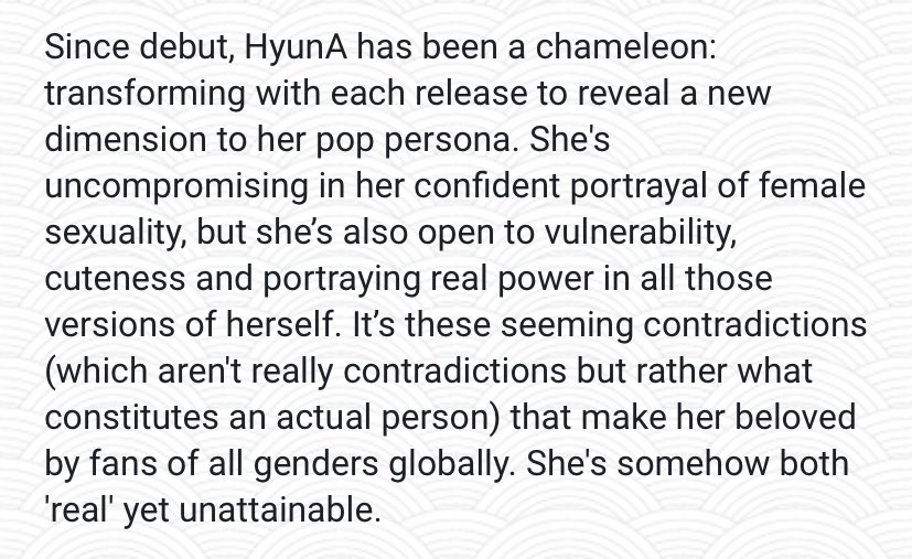 Hyuna in recent years, hyuna has has become unapologetically herself. she defies convention by openly dating, wearing revealing clothing, lifting her skirt up, taking off her shirt and slams those who use slut-shame her. she’s become an icon for female sexuality