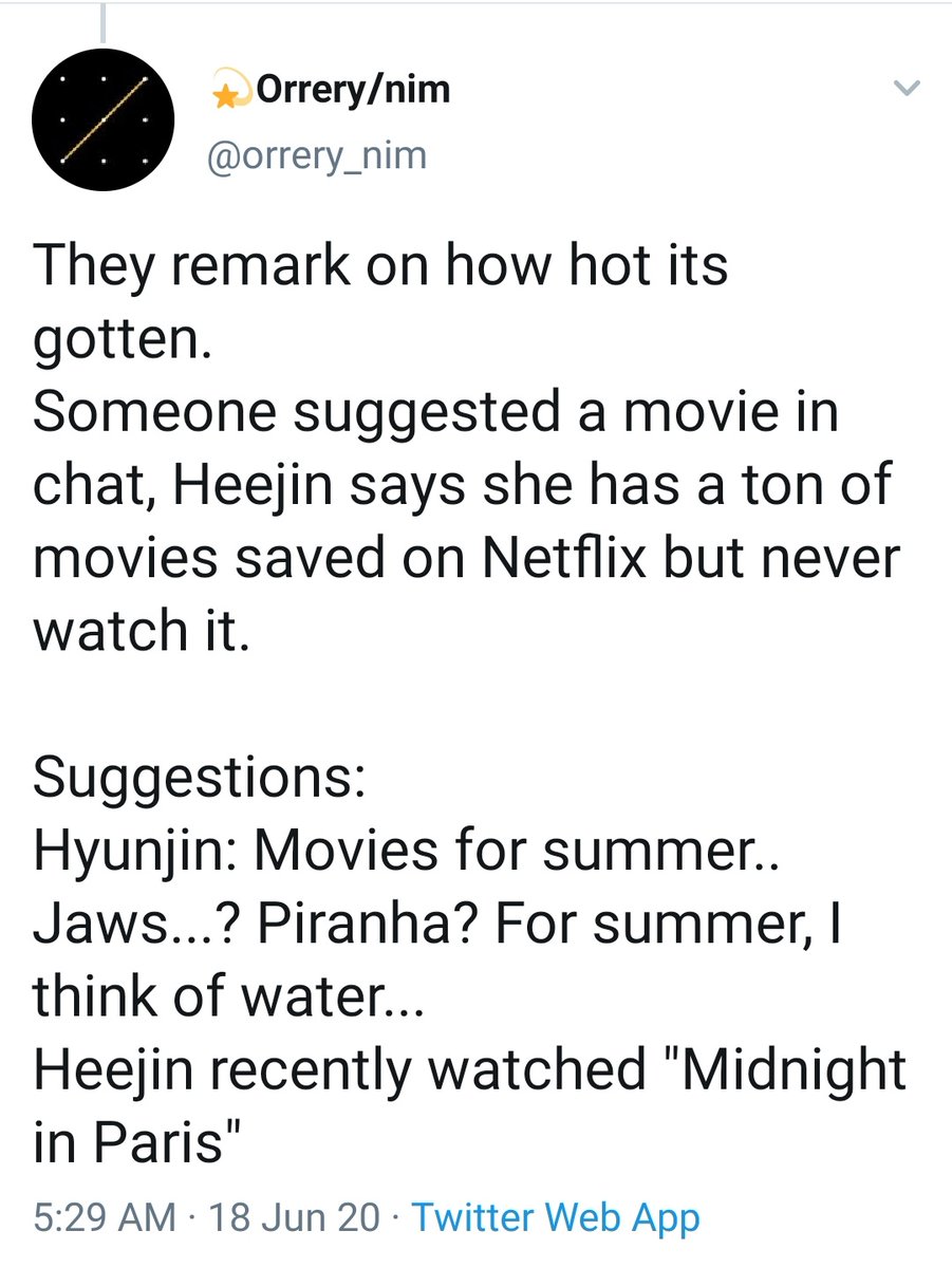 According to Hyunjin, horror movies about fish eating people are summer movies. Jaws & Piranha are her movie recommendations for the summer.
