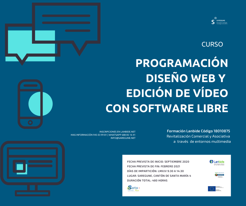 Saregune's tweet photo. 📣 ¡Comenzaremos en septiembre pero estamos haciendo la selección! 📣 Aprende #html #css #wordpress #video #diseñografico con #softwarelibre! https://t.co/y7qmsMzs0J 💙🖱️ #saregune #TICenelbarrio #cursoweb https://t.co/v8qFwmoEK3