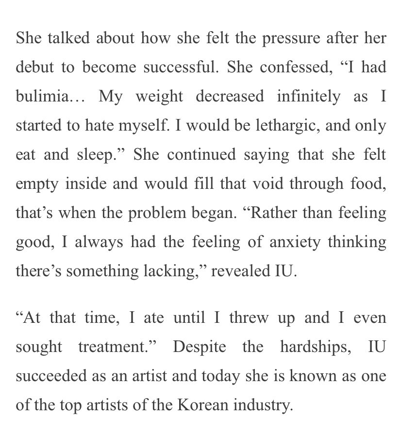 IUthe soloist has been open about her own mental health problems for years and actively raises awareness for these issues in sk. IU has a massive platform so she understands her responsibility to talk about these issues. she also donates generously to charities