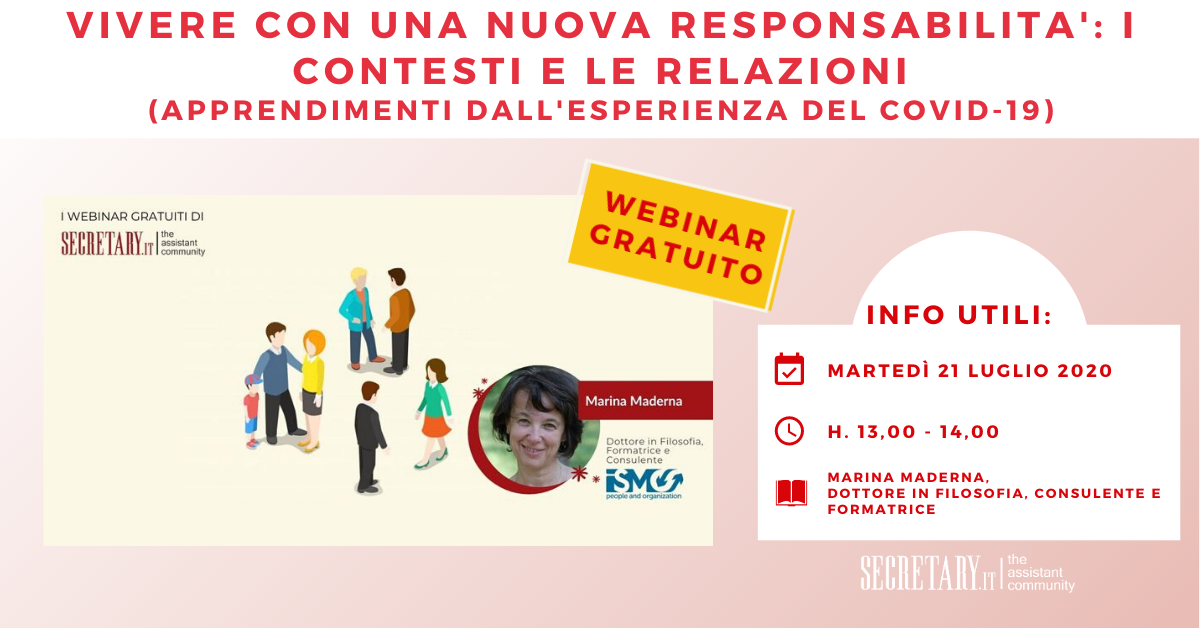Ultimo #Webinar gratuito della stagione con Marina Maderna in cui faremo il punto della situazione sulla responsabilità che ci ha lasciato questo virus in tutti gli aspetti della nostra vita, concentrandoci principalmente sulle interazioni! 
ISCRIVITI QUI: bit.ly/3fwnkRt