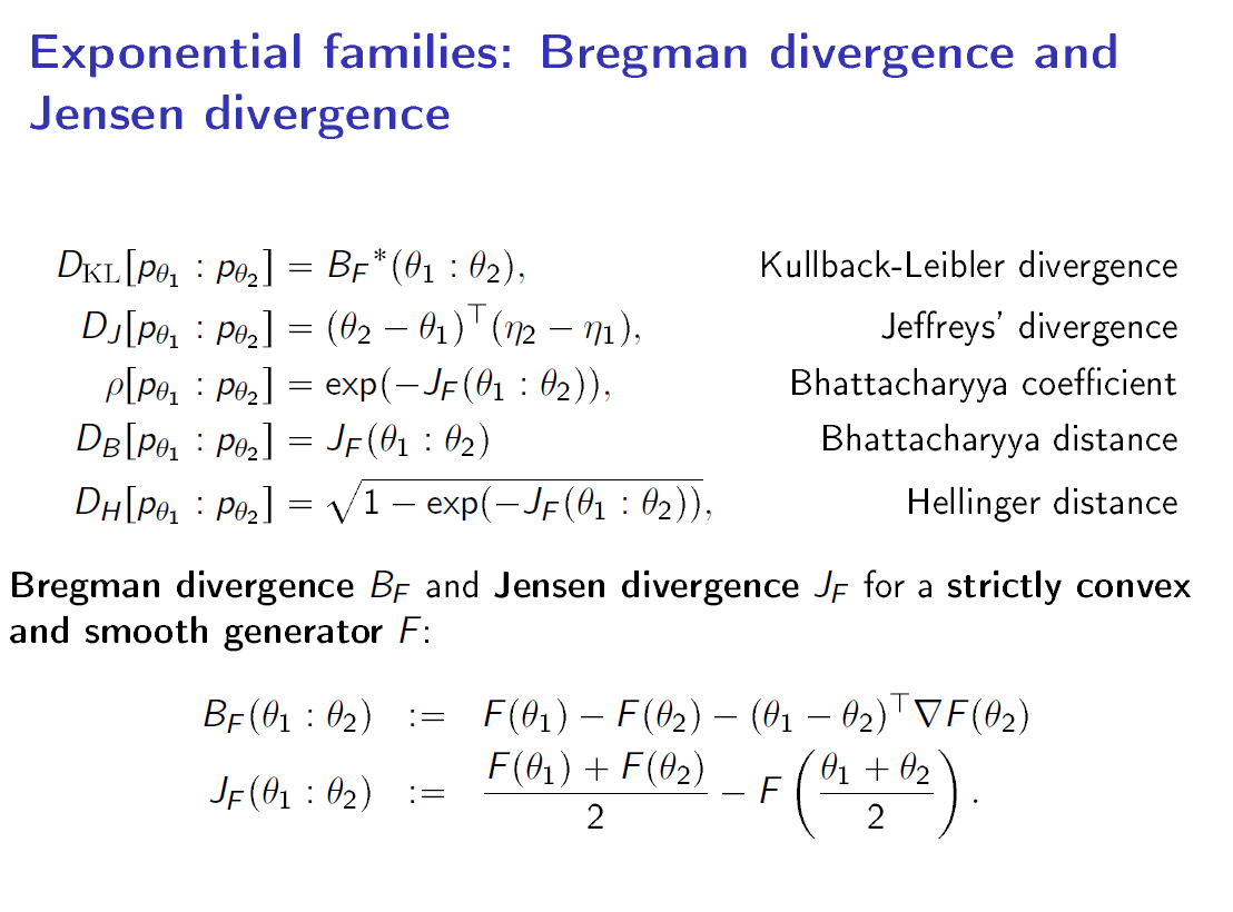 FrnkNlsn's tweet photo. Common formula for statistical (dis)similarities between any two densities of a same exponential family (incl. Gaussian, Beta, Dirichlet): Implement those formula *easily* from legacy statistical library APIs.
 Slides: https://t.co/cTdZIV1zaJ  
 Report: https://t.co/H0475IkB8t https://t.co/tgLv1DR3GY