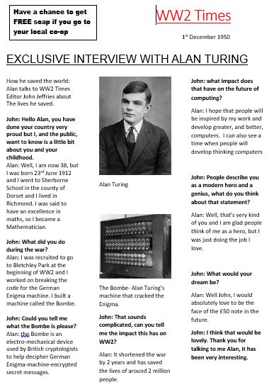 Year 7 have been sending us their presentations after our Hero Project on Monday. Our students have done us proud with the range and diversity of people that they admire. Here is Dominic’s work on Alan Turing, nicely presented as a newspaper article.  #stillyourschool