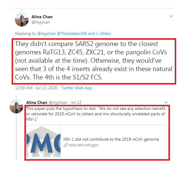 44. Their claims are TOXIC @Ayjchan"They didn't compare SARS2 to closest genomes RaTG13, ZC45, ZXC21..otherwise, they would've seen that 3 of 4 inserts already exist in these natural CoVs" https://twitter.com/Ayjchan/status/1282373705394520065"This paper puts the hypothesis to rest" https://twitter.com/Ayjchan/status/1282130093784076289