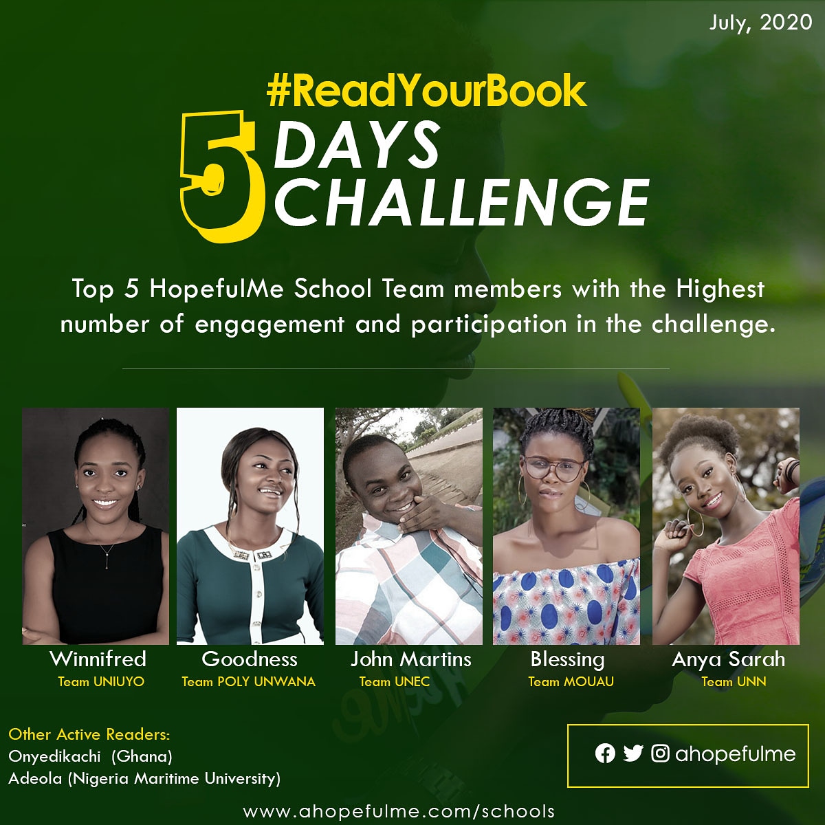 ahopefulme's tweet photo. Members with highest number of engagement and participation in our #ReadYourBook Challenge.
On the list are: Winifred, Goodness, John Martins, Blessing, Sarah.
Congratulations guys, and a big thank you to every other person that still participated.
Stay Hopeful.
#Inspiration101 https://t.co/nraNUI6MNX