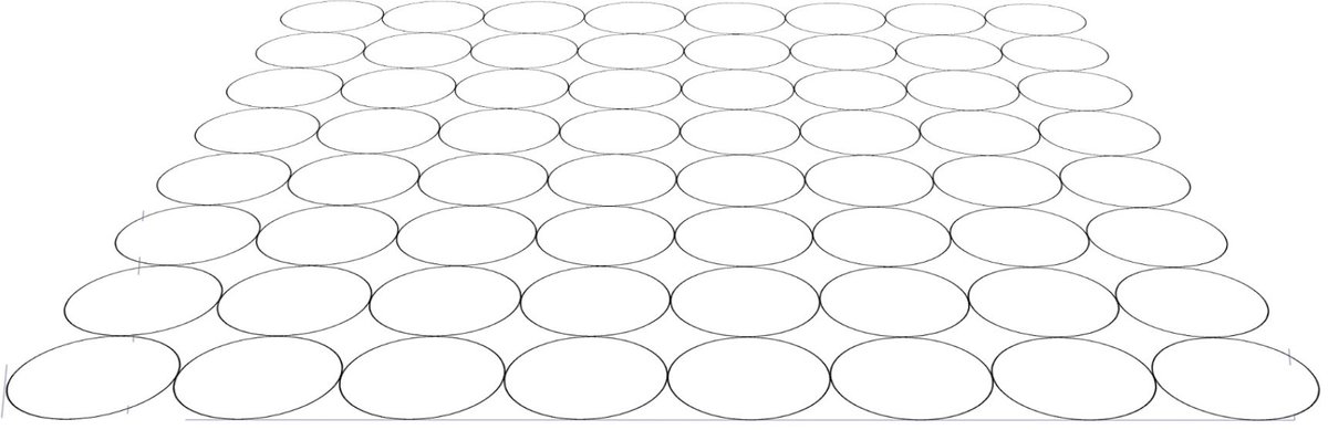 パース理解レベルの高い友人から『円の傾きは必ずしも縦パースに沿うわけではないのでは』と教えてもろうた。
円の並んだ模様を一点透視で見た時、僕の理解だと水平な楕円を並べただけの左になる筈だが違和感があり(並び不揃いなのは手作業ゆえ許して)、不自然さのない右は確かに円が傾いておる… 