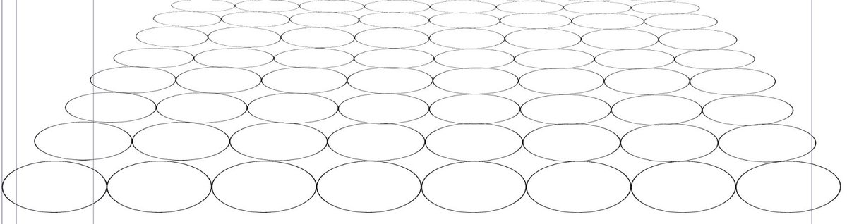 パース理解レベルの高い友人から『円の傾きは必ずしも縦パースに沿うわけではないのでは』と教えてもろうた。
円の並んだ模様を一点透視で見た時、僕の理解だと水平な楕円を並べただけの左になる筈だが違和感があり(並び不揃いなのは手作業ゆえ許して)、不自然さのない右は確かに円が傾いておる… 