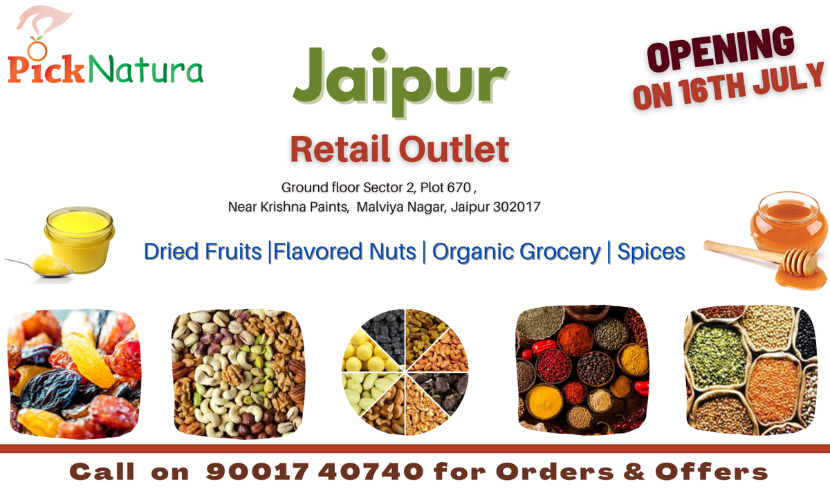 picknatura's tweet photo. PickNatura is happy to announce the grand opening of its Retail outlet at Jaipur – Malviya Nagar

#ipicknatura #jaipur #rajasthan #picknaturajaipur #dryfruitshop #organic https://t.co/j30ICDlB3M