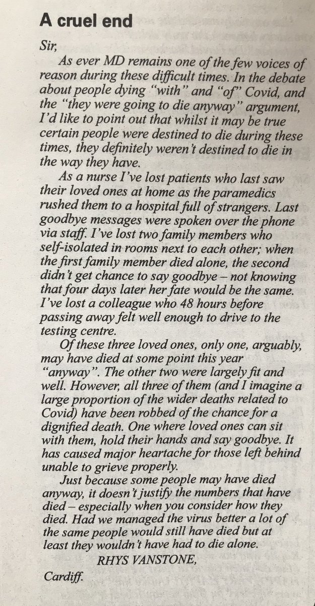 A very thoughtful letter from a nurse in the current issue of ⁦@PrivateEyeNews⁩. How we die matters as much as when we die.