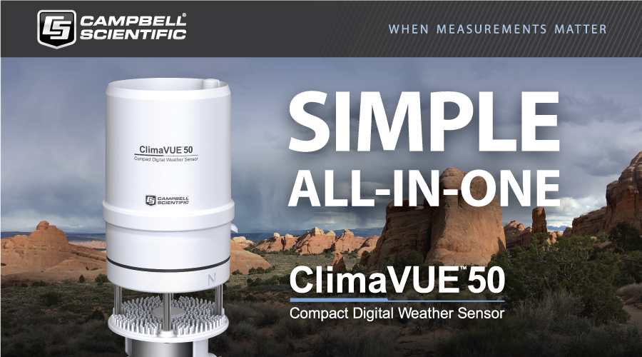 campbellsci_eu's tweet photo. Obtaining all common #meteorological #measurements is finally easy! The all-in-one #ClimaVUE50 sensor acquires these measurements with one simple digital output, and no moving parts. Visit https://t.co/GbyS5irBDT to learn more. #WhenMeasurementsMatter, trust #CampbellSci. https://t.co/NdU3Cl1VtP
