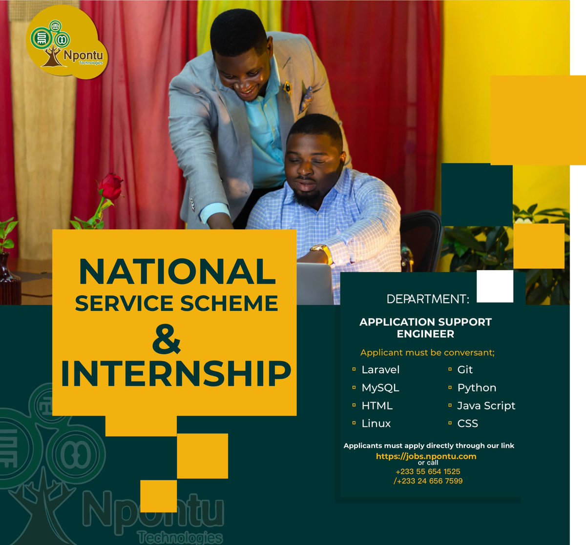 Npontu's tweet photo. Npontu Technologies invites applications for National service and Internships.Females are encouraged to apply.Applicants must apply directly through our link https://t.co/sltfkfQlsH.
Please note Npontu Technologies does not work through recruitment agencies".#startupbusiness https://t.co/PsMd0c1Vuc