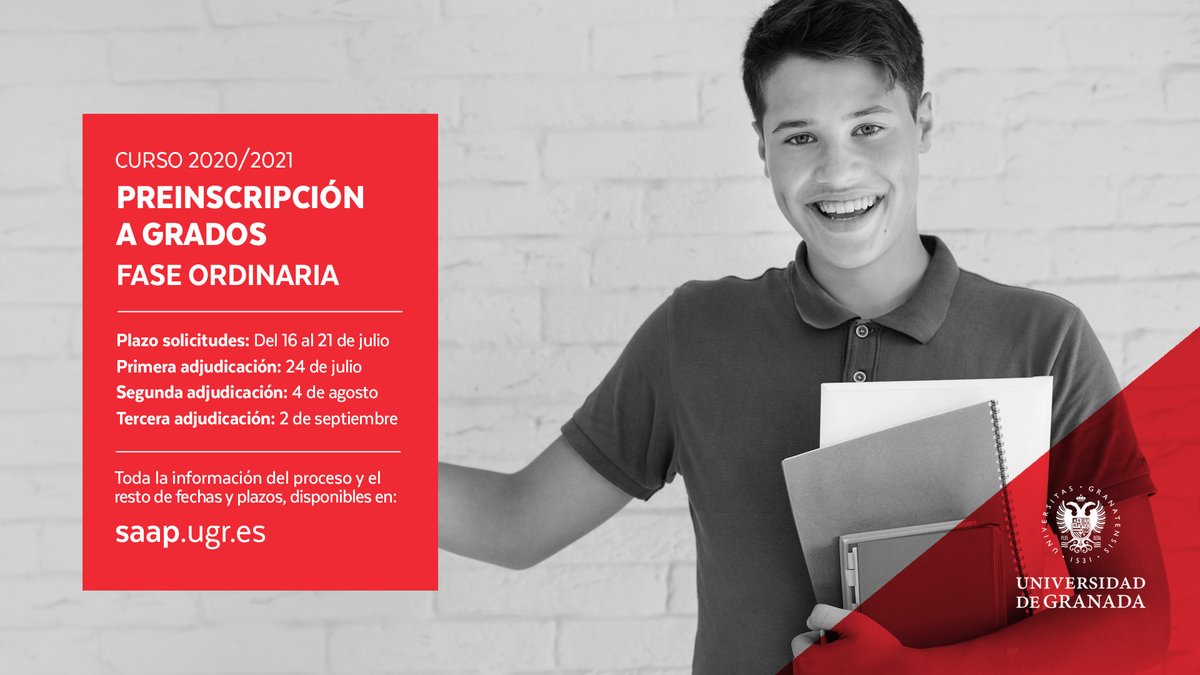 #IMPORTANTE

🔴 Mañana comienza el plazo de entrega de solicitudes de la Fase Ordinaria para la Preinscripción en Grados

📆 Hasta el 21 de julio

👉🏼 Para estudiantes de nuevo ingreso

ℹ️ Más información: saap.ugr.es