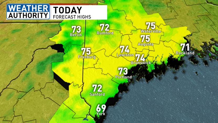 LexieOConnorWX's tweet image. A break from the heat AND humidity today.  Highs will be in the low to mid 70s with lower humidity. The heat returns this weekend! Details on #GoodDayMaine! #liveoncbs13 #fox23Maine @WGME