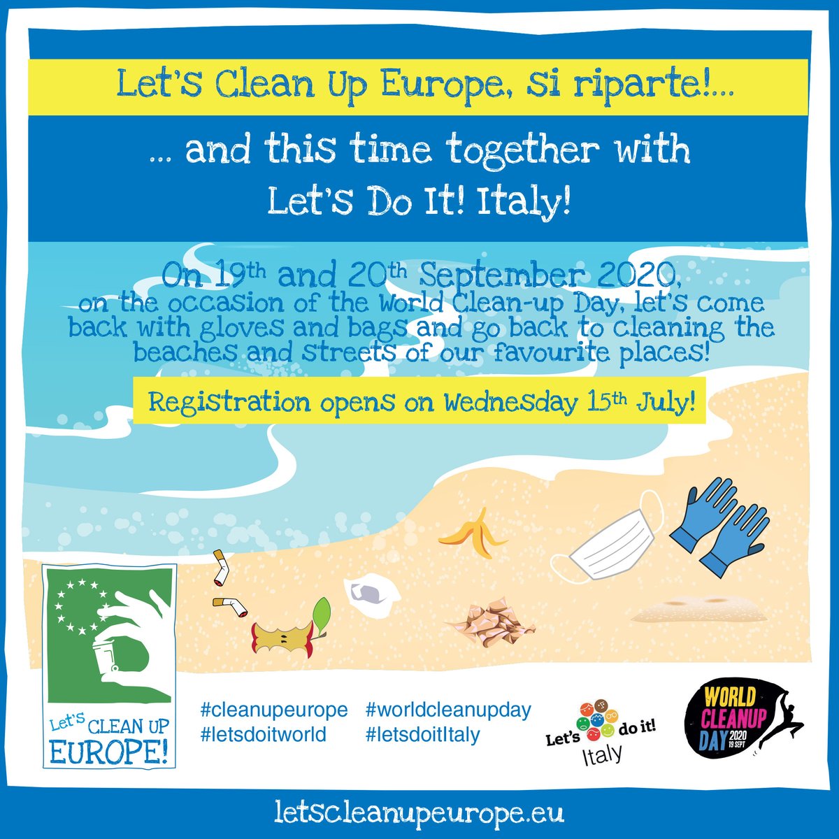 Dear all, finally the Let's Clean Up Europe is back: registrations have just opened. The 7th edition will take place, in collaboration with @LetsDoItItaly, on 19-20 September 2020, official dates of #worldcleanupday. Find out more here👉ewwr.eu/en/take_part/l…