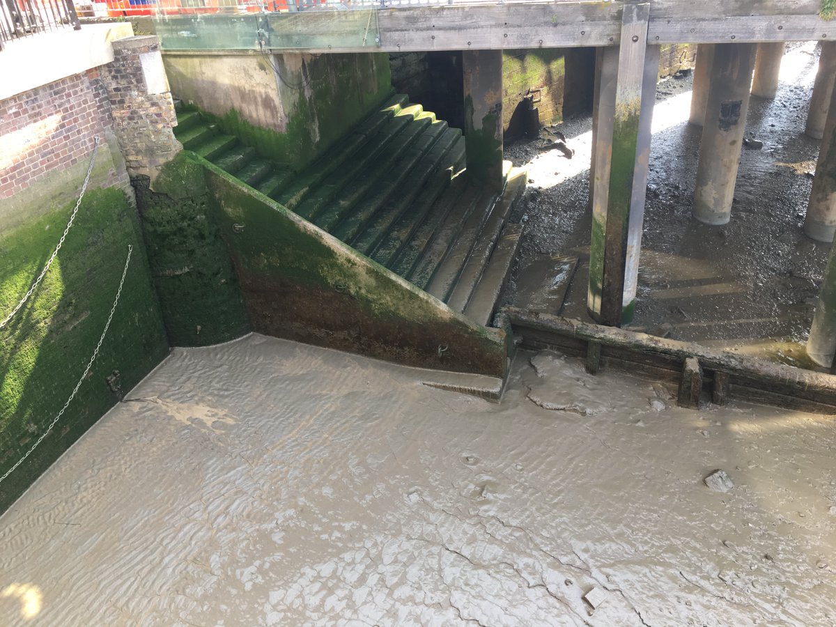 ThamesDiscovery's tweet photo. We go past St Katherine Docks & come to Tower Bridge where Iron Gate Stairs were. Tower Stairs were often used by Samuel Pepys who lived nearby. Today the riverstair is under the Tower Millennium Pier. 1746 Map @LayersofLondon #LowTideLockdown https://t.co/9fBOA4WeQe