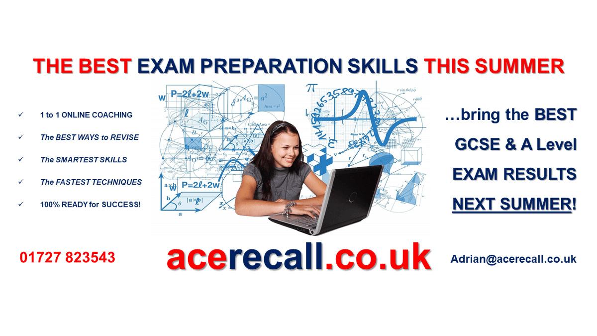 ACERecall's tweet photo. Give your Year 10 / 12 this summer their BEST POSSIBLE CHANCE of GCSE / A Level EXAM SUCCESS. For the best skills to prepare for 100% exam success in 2020-21 call 01727 823543 or Adrian@acerecall.co.uk #parents #Year10 #GCSE #Year12 #ALevel #HertsinBusiness #ACERecall #ThinkAhead https://t.co/9hhgmnCNMs