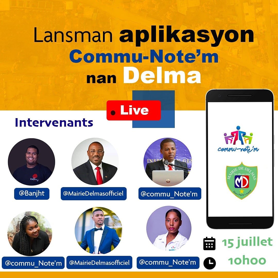 JOU A RIVE! Lansman <a href="/CommuNotem/">COMMU-NOTEM</a> nan komin Delma se maten an Live! 
Yon aplikasyon pou konekte Sitwayen yo ak Meri yo pou pi byen jere komin yo!
Yon projè ki soti nan <a href="/elanhaiti/">Elan Haiti</a> 2018!
Telechajel sou Android epi vin pale avek nou a 10:00 LIVE!
play.google.com/store/apps/det…
🙌🏾🙌🏾🙌🏾🙌🏾🙌🏾