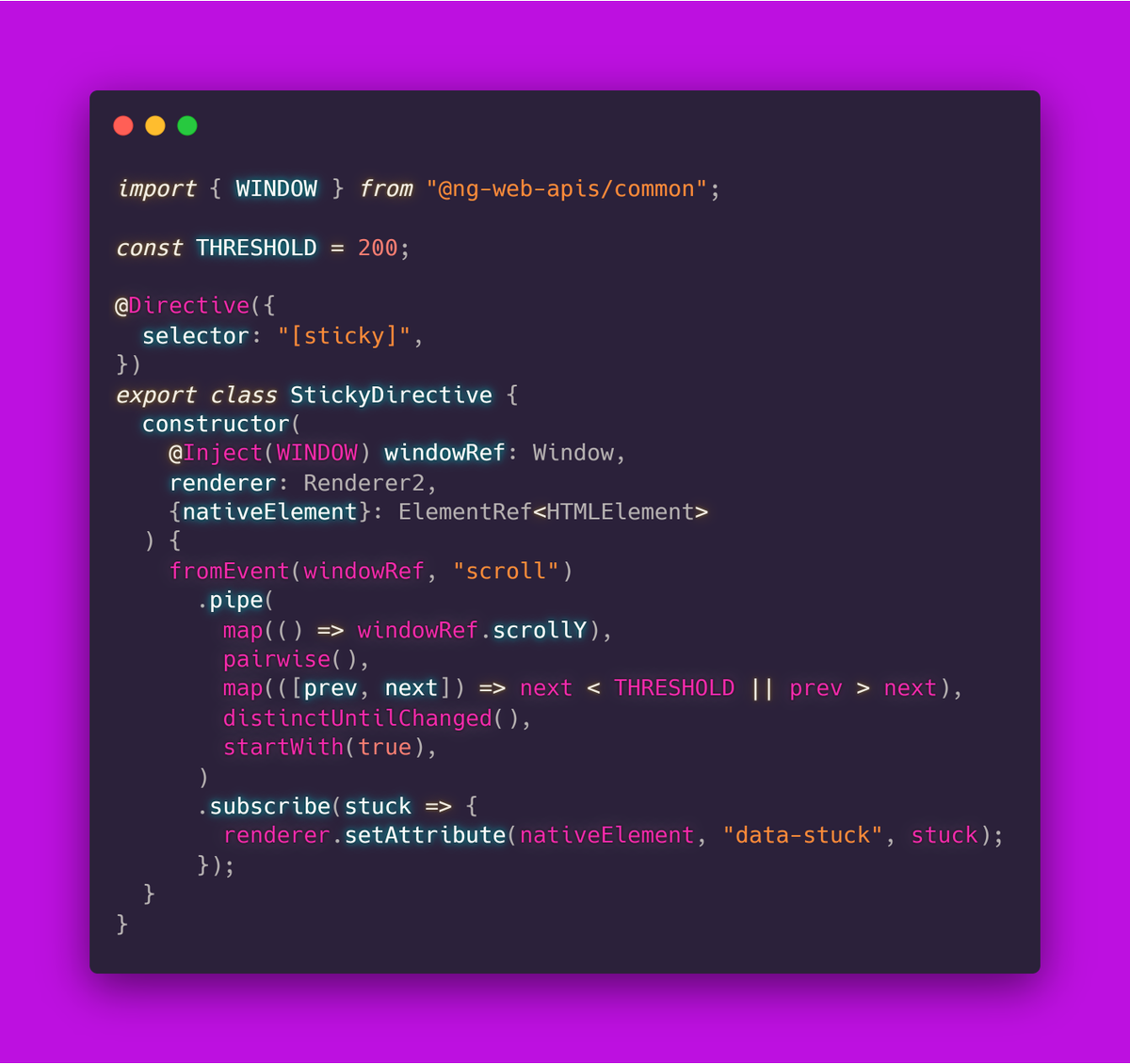 Waterplea's tweet photo. 💡#AngularTip for the day! Create an #Angular directive for sticky header that disappears when you scroll down👍

Live demo:
https://t.co/wli6vAnf9G

WINDOW token from our library:
https://t.co/kgfN68QtIy

Unsubscribe with destroy service from this tweet: https://t.co/7fdQgJTFLB https://t.co/Xlc2je9Kny