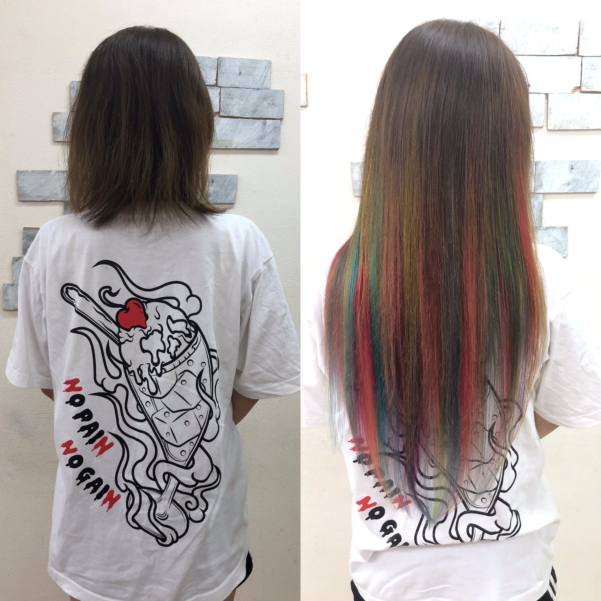 あるじゃんすー静岡店 カラー エクステ専門店 常連様スタイル いつも原色カラーを入れますが 今回は派手の極み Rainbow 巻くと中から色がたくさん出てきてかわいい ポニーテールにしても派手で目立ちます 夏は派手にいきましょ