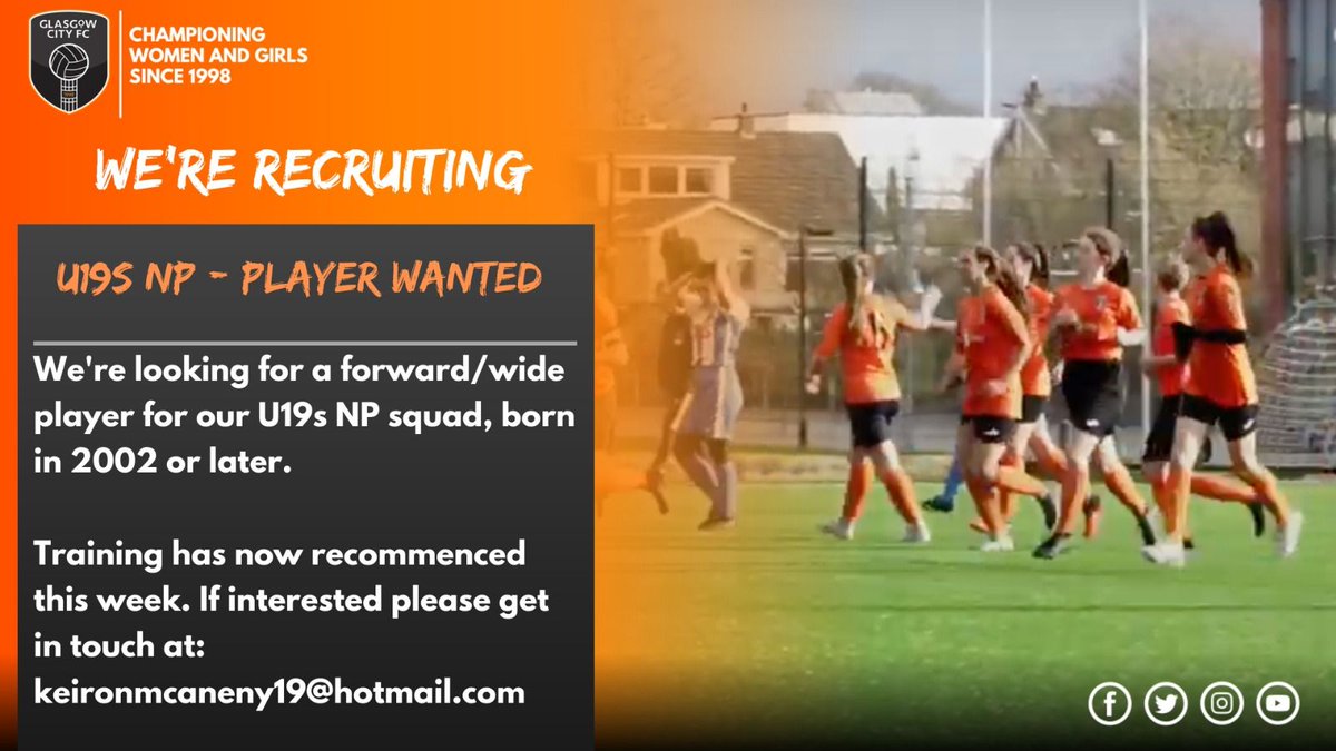 GlasgowCityFC's tweet photo. PLAYERS WANTED | U19s

🔶️ Glasgow City U19s NP are looking for players.

🔶️ Get in touch now! https://t.co/oFA2aoZHcF