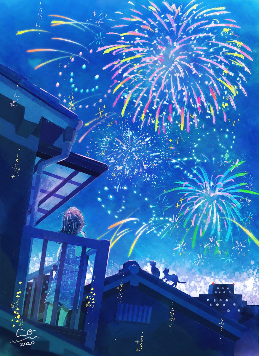 fireworks 1girl cat signature night aerial fireworks sky  illustration images