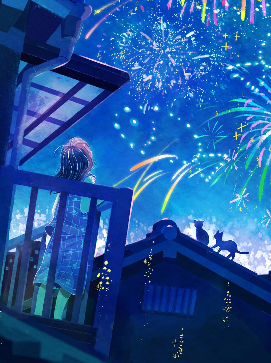 fireworks 1girl cat signature night aerial fireworks sky  illustration images