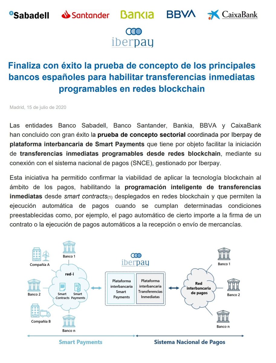 Iberpay

Finaliza con éxito la prueba de concepto de los principales
bancos españoles para habilitar transferencias inmediatas 
programables en redes blockchain

iberpay.es/Documentos/NOV…