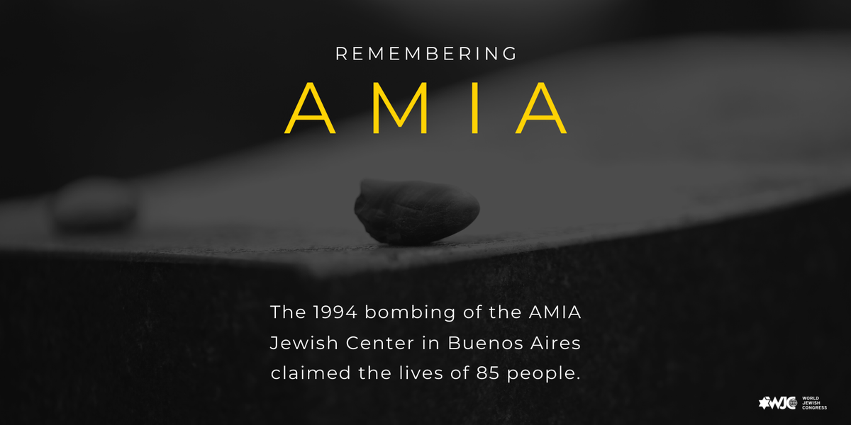 WorldJewishCong's tweet photo. In memory of those killed 26 years ago today in the terrorist bombing of the AMIA Jewish community building in Argentina.

May their memory be a blessing. 

@InfoAMIA #amia26años #AMIA26 https://t.co/bQqg4dPEob