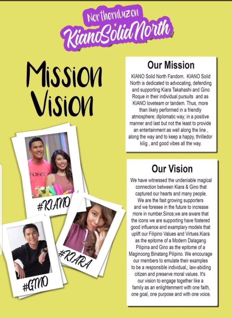 We Would Like to Repost the Mission and Vision of KiaNoSolidNorth

Happy1stAnniversary KSN

<a href="/_kiatakahashi/">Kiara Takahashi</a> | <a href="/iamginoroqueiv/">Gino Roque IV (personal account)</a>