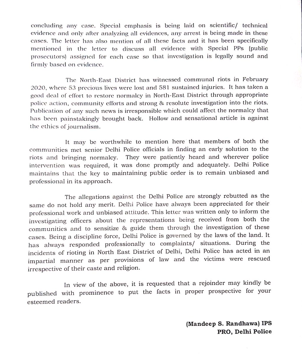 <a href="/IndianExpress/">The Indian Express</a> Delhi Police's Rejoinder to the above News Article 👇