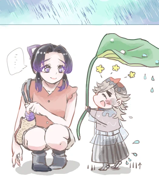 #童しの 

『雨の日のお迎え』

?「しのぶちゃ～んお迎えにきたよ!さぁさぁ一緒に帰ろう」

?「…ありがとうございます」
折りたたみ傘を持ってるけど、そっと傘をしまうしのぶさん 
