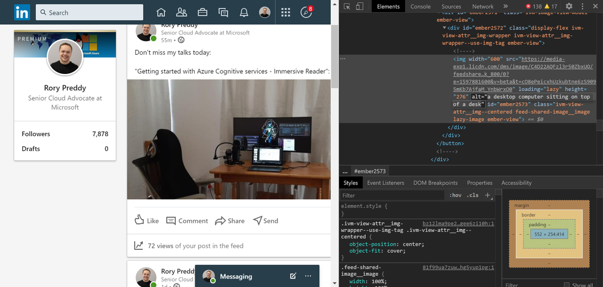 rorypreddy's tweet photo. Well done @linkedin for the Alt Text on images feature!!
I posted a picture of my desktop and laptop and it added the ALT text perfectly!
#accessibility #a11y #Diversity @hminto @jennylayfluffy @MSFTEnable #azureadvocate #HumansOfIT @shonadelie https://t.co/A9uAYOENbn
