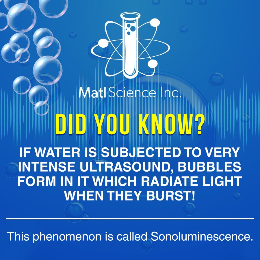 Did You Know 🤔
If Water is subjected to very intense ultrasound, bubbles form in it which radiate light when they burst! 
This phenomenon is called Sonoluminescence.