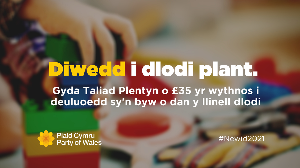 Mae 200,000 o blant yng Nghymru yn byw mewn tlodi, er gwaethaf y ffaith bod Llywodraeth Cymru wedi addo dileu tlodi plant erbyn eleni. Byddai polisi Taliad Plant Plaid Cymru yn rhoi £35 yr wythnos i bob teulu sy'n byw o dan y llinell dlodi. 
#Newid2021