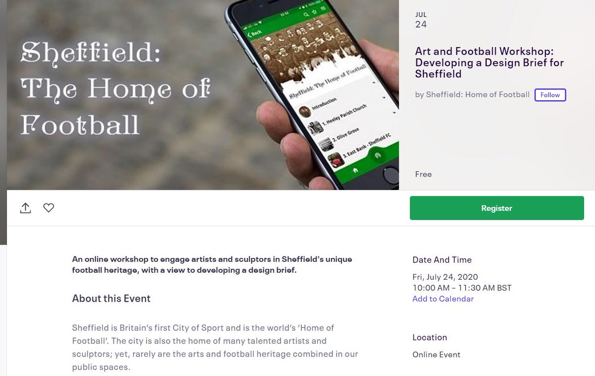 Art and Football Workshop: Developing a Design Brief for Sheffield. bit.ly/2CgEfsO Please RT
<a href="/shcfa/">Sheffield & Hallamshire County FA</a> <a href="/Sheffieldfc/">Sheffield Football Club</a> <a href="/HallamFC1860/">Hallam FC</a> ?<a href="/swfc/">Sheffield Wednesday</a> 
<a href="/SUFC/">The Blades!</a> <a href="/SpiksleyBook/">Fred Spiksley</a> @SheffLibraries <a href="/VisitSheffield/">Welcome to Sheffield</a> <a href="/AlanBiggs1/">Alan Biggs</a> #sheffieldhomeoffootball