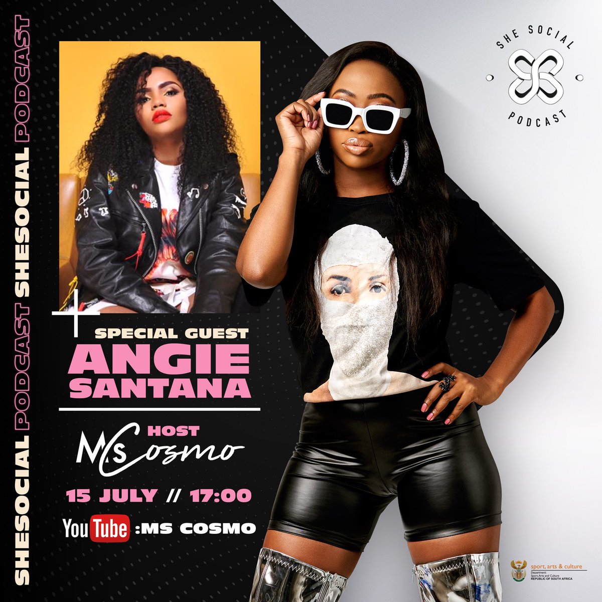 SHESocial_SA's tweet photo. Fresh and insightful conversations lined up for today! @MsCosmoSA chats to the sweet songbird @AngieSantana_SA and the funky @AyandaMVP on this week’s #SHESocialPodcast 😆 

Tune in for the live premiere at 17:00 ⏰ https://t.co/wJjtMGUbid https://t.co/DeFIgjFlfv