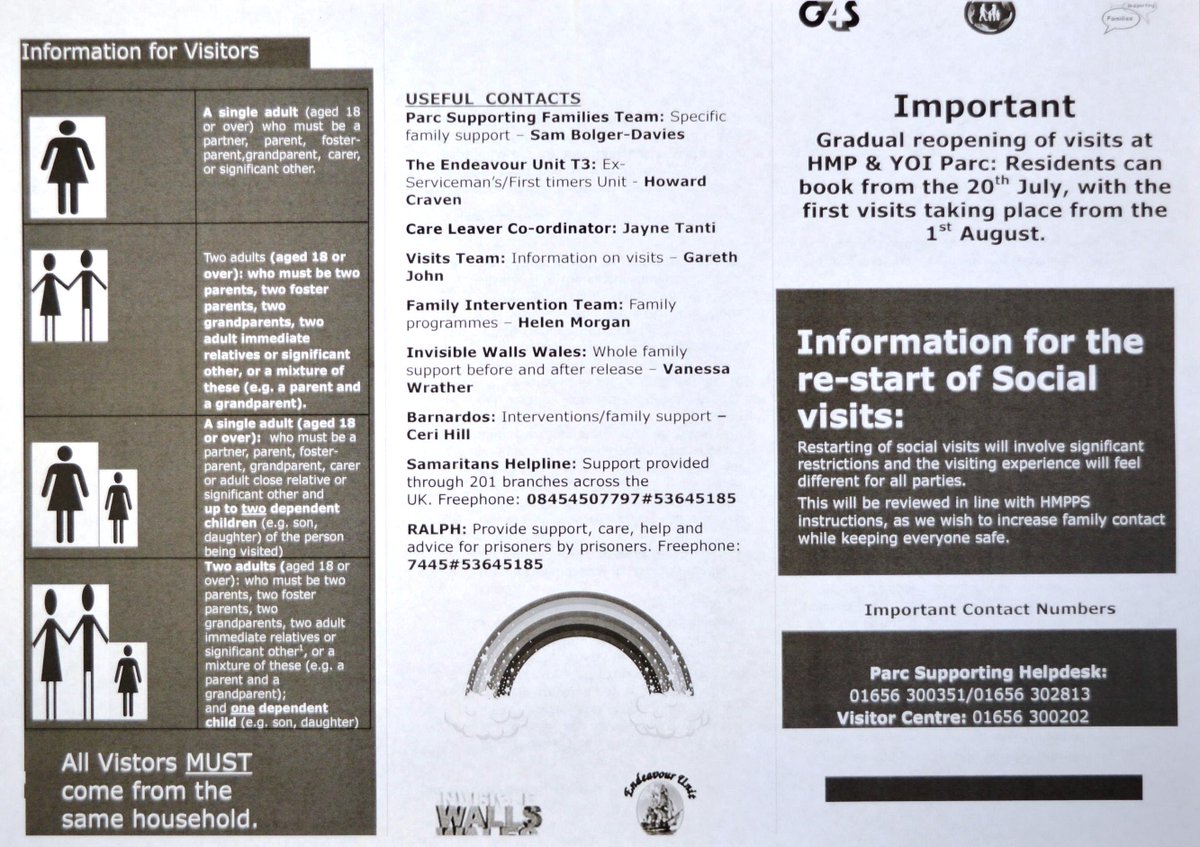 forder_phil's tweet image. Some good news re visits at HMP Parc    They are restarting from 1st August  Please se attachments below of poster  and leaflet that has gone out to prisoners NB All visitors must come from same family @G4S @BarnardosCymru @fmspear @CommunityFamil1 @HMPPS_Families @HMPPSCymru
