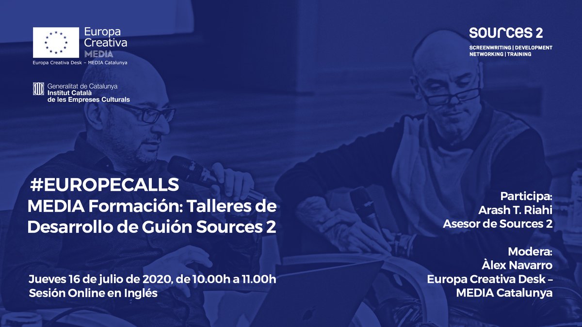 ECDMEDIACat's tweet photo. Guionistas y productores/as, MAÑANA jueves a les 10h no os perdáis la sesión online en inglés sobre los talleres de desarrollo de guión #Sources2!
Con el director y productor de @GoldenGirlsFilm @arashtriahi!
🔴 https://t.co/QW3sQ3IQk6
📅 Jueves 16 de julio
⏱ De 10h a 11h https://t.co/kvDDy7VZ0Z