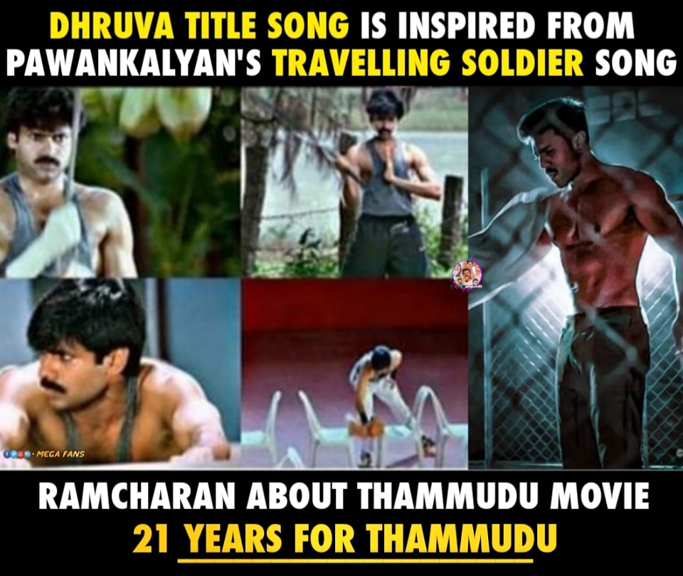 InfoBeez_'s tweet photo. Dhruva title song is inspired from @Pawankalyan Travelling soldier - @AlwaysRamCharan

#Pawankalyan || #VakeelSaab
#RamCharan #SeethaRAMRajuCHARAN 
#21YearsForThammudu https://t.co/FScDqh6aT4