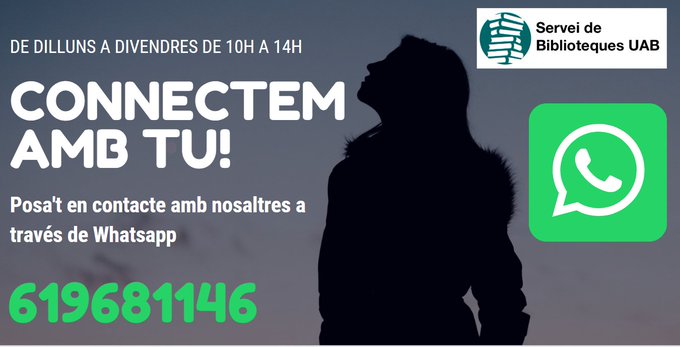 bibliotequesUAB's tweet photo. Tens algún dubte i vols contactar amb les #bibliotequesUAB? Pots enviar-nos un missatge al #Whatsapp de dilluns a divendres, de 10 a 14h
Apunta't el nostre número! #estudiantsUAB #investigadorsUAB @UABBarcelona https://t.co/mpSH6bQ1pw