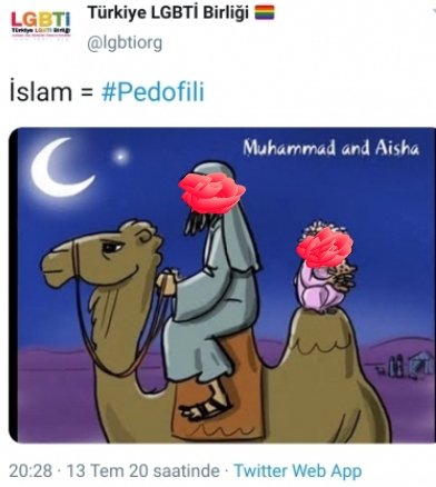 #ResulullahaHakaretAffedilemez 
#LGBTDernekleriKapatılsın 

Kapatın, Yasaklayın
Tek kare pislik resmi, iması ve yazısı paylaşanı götürün... 

Yüce İslama ve Peygamber Efendimize aleni hakaret ve iftira
Örtülü pedofili reklamı 
Aleni Ay Yıldıza Saldırı