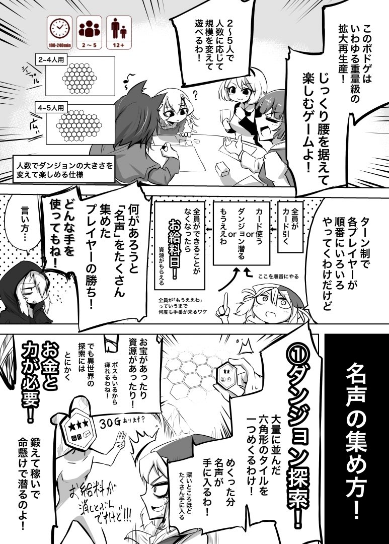 六角えんぴつさん(@hatituki003 )の拡大再生産「異世界ギルドマスターズ」の紹介漫画を描きました!
テンポよく回転早く色々できるので、比較的規模の大きいゲームですが重たさを感じさせません。
カードの種類も豊富なので、プレイ中に次のプレイが楽しみになるゲームです! https://t.co/OBRrGZAIpX