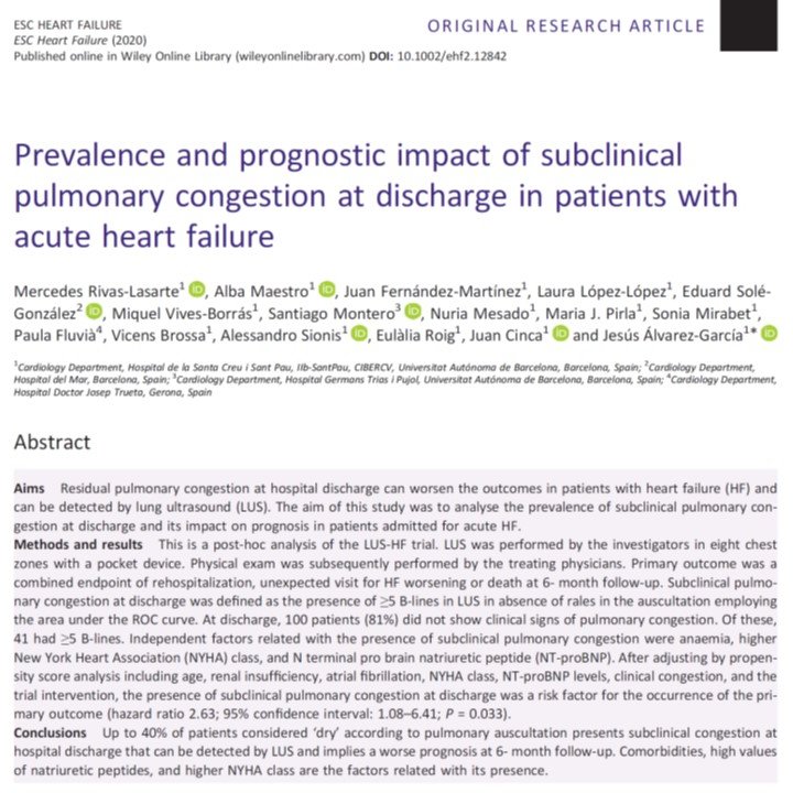 Mercedes Rivas-Lasarte (@m_rivaslasarte) on Twitter photo (1) 📣"Prevalence and prognostic impact of subclinical pulmonary congestion at discharge in patients with acute heart failure" is now published at ESC Heart Failure Journal <a href="/ESC_Journals/">European Society of Cardiology Journals</a>
🆓bit.ly/2W2FClI
#cardiotwitter #MedTwitter #echofirst #POCUS #LUS #orgullsantpau (1) 📣"Prevalence and prognostic impact of subclinical pulmonary congestion at discharge in patients with acute heart failure" is now published at ESC Heart Failure Journal <a href="/ESC_Journals/">European Society of Cardiology Journals</a>
🆓bit.ly/2W2FClI
#cardiotwitter #MedTwitter #echofirst #POCUS #LUS #orgullsantpau