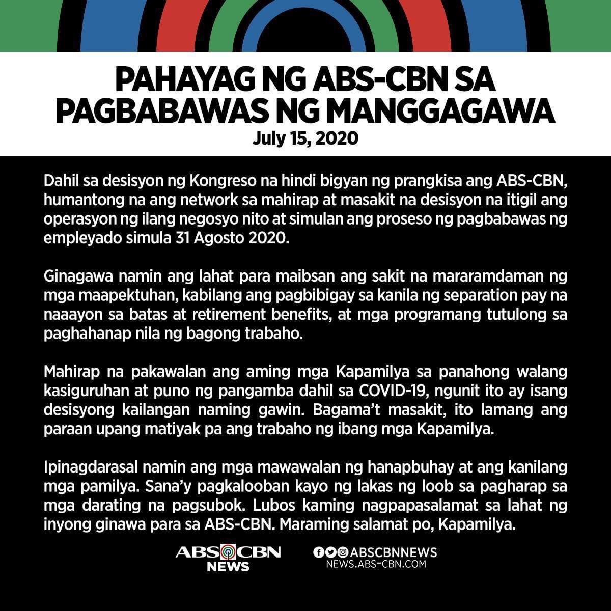 ABS-CBN announces that it will layoff workers starting August 31 after 70 lawmakers voted to kill the Kapamilya network's broadcast franchise application.