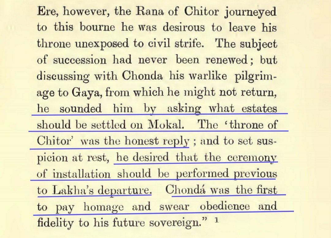 But he wanted to Nominate a Successor before his Departure.When He asked Chunda, Chunda replied: "Mokal deserves Throne of Chittor"He Also Suggested that Coronation should be Done Before Rana's Departure.Chunda was the First to Pay Homage to 5yr Old Rana Mokal.