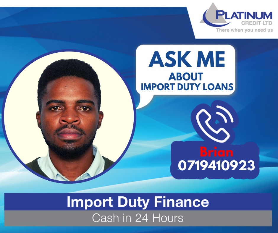 PlatinumCKenya's tweet photo. Your vehicle should not sit at the port waiting for clearance of duty and port charges. Apply for our Import Duty Finance. Dial *619# or call us today on 0709 900 000 / 0730 900 000. You can call also Brian directly. #InsuranceFinancing #PlatinumCares #TogetherWeRise https://t.co/gOmiixEd3Q