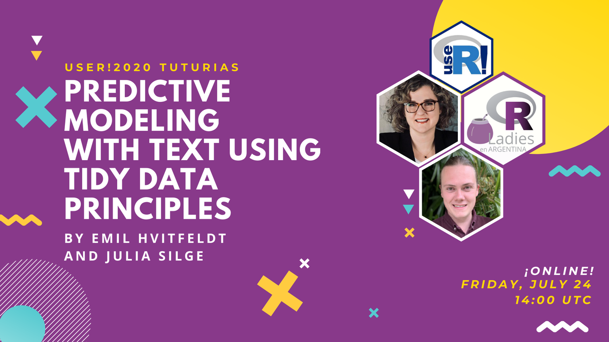 useR2020muc's tweet image. Coming up, July 24th, 2020:
"Predictive modeling with text using tidy data principles"
a tutorial led by @juliasilge 
@Emil_Hvitfeldt
@RLadiesSR
@RLadiesBA
@RLadiesGP
@RLadiesUshuaia
@RLadies_rciacte
@RLadiesCba
@RLadiesSantaFe
@RLadiesMza
@RLadiesBRC 
#useR2020 #rstats #tutorial