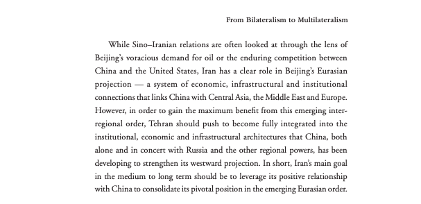 7. The reporting of the China-Iran deal offers a great example. Widely described as a "response" or "challenge" to the US, the prospect of a deal looks very different when viewed in the Eurasian context, as  @jacoposcita's excellent essay on China-Iran makes clear. From his intro: