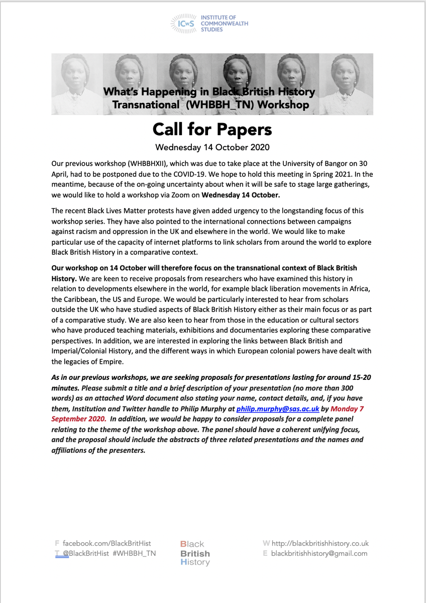 BlackBritishHistory (@blackbrithist) on Twitter photo Delighted to announce <a href="/ICwS_SAS/">Institute of Commonwealth Studies</a> a special What's Happening in Black British History? Transnational online workshop on Wed 14th Oct - you can down load Call For Papers #CFP now bit.ly/WHBBH_TN_CFP #BlackBritishHistory #WHBBH_TN Delighted to announce <a href="/ICwS_SAS/">Institute of Commonwealth Studies</a> a special What's Happening in Black British History? Transnational online workshop on Wed 14th Oct - you can down load Call For Papers #CFP now bit.ly/WHBBH_TN_CFP #BlackBritishHistory #WHBBH_TN