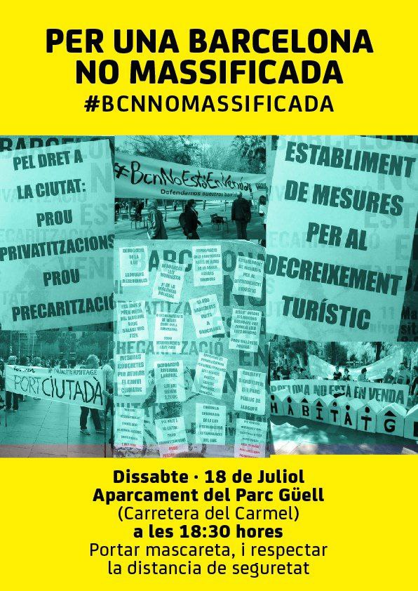 AssBarrisDT's tweet photo. Dissabte #18J 18h30 , 
Mobilització x una #BcnNoMassificada al pàrquing de busos #ParkGüell (Carretera del Carmel) contra el retorn a una normalitat turistitzada i per la #desturistització de #Bcn i #AgendaEcosocial entre d'altres revinidicacions socials.
Convoca @BcnNoStaEnVenda https://t.co/G8ivXAgzUX